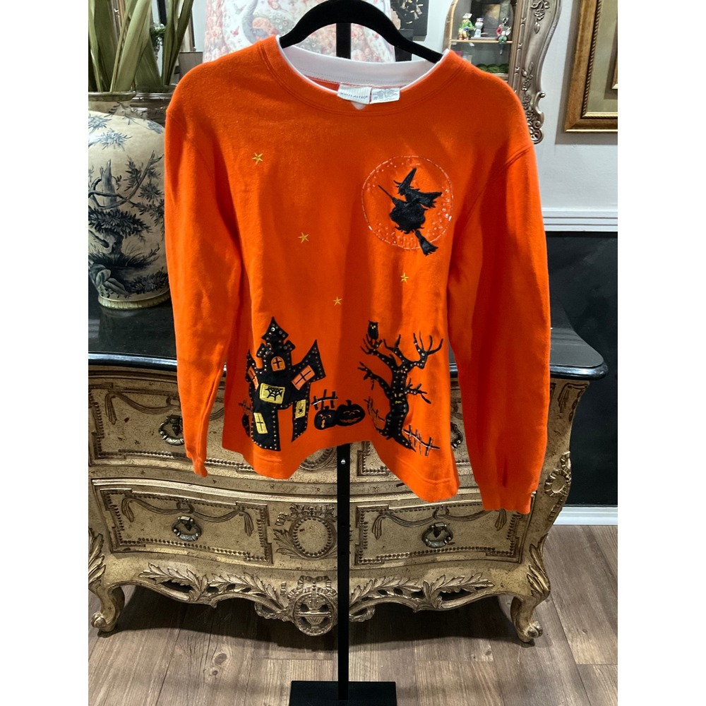 White Stag Halloween Sweatshirt Orange Witch Haunted House Studded Womens Medium